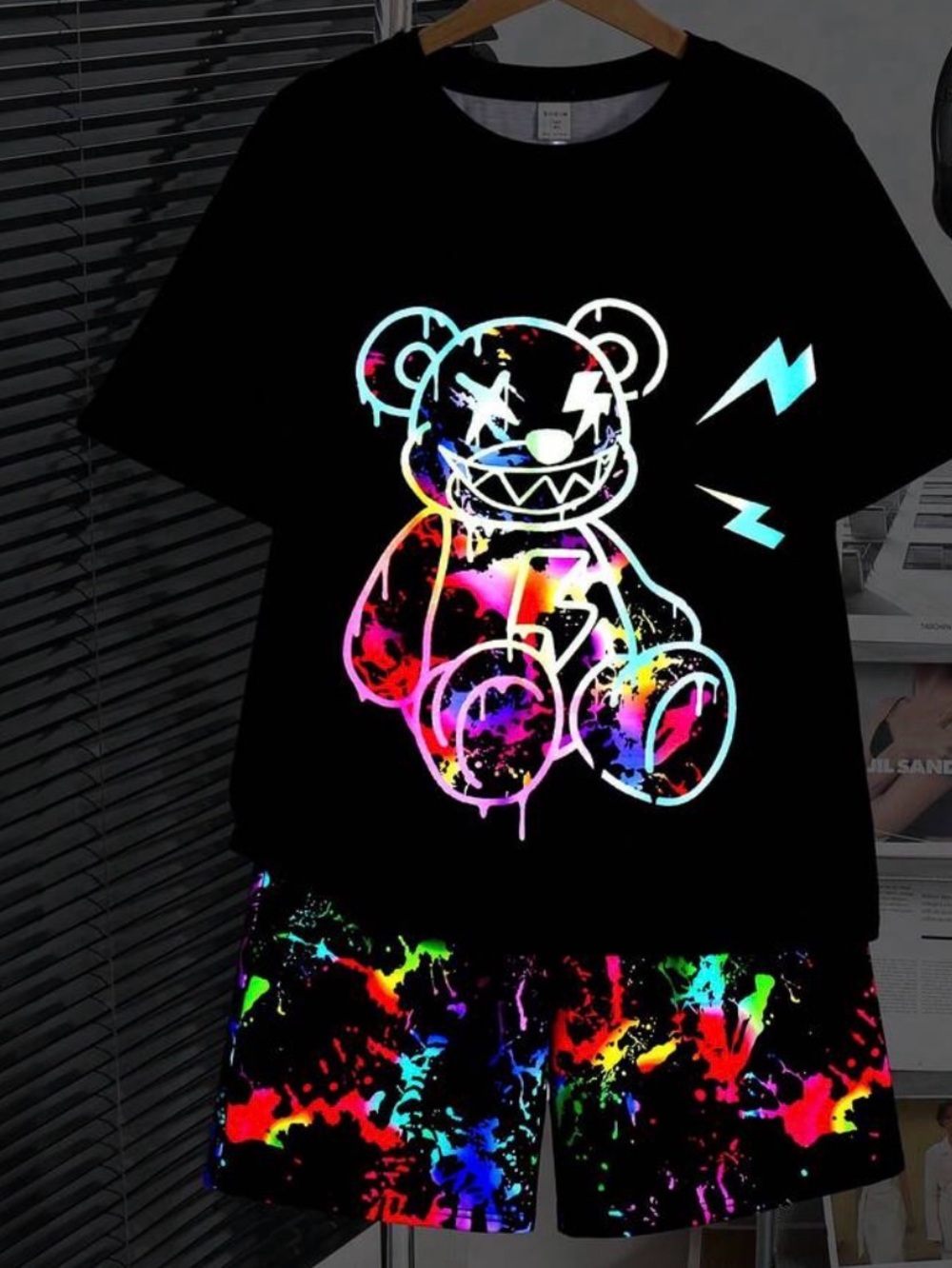 Black Graphic Teddy Bear Tee with Neon Rainbow Print with socks